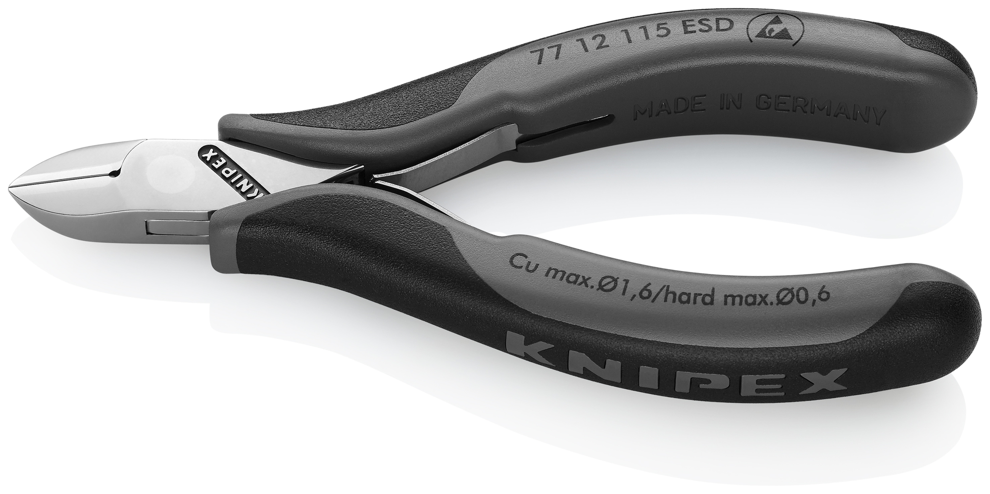Electronics Diagonal Cutters-ESD Handles, 4 1/2 in., Multi-component, Polished, Semi-flush with Small Bevel Cut, Oval Head, Up to  1/64 in. Hard Wire