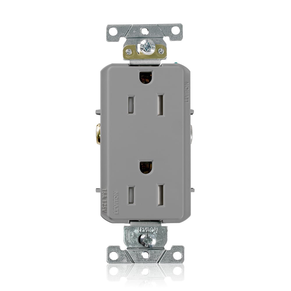 TDR15-GY TDR15 Duplex Heavy Duty Self-Grounding Smooth Face Tamper-Resistant Straight Blade Receptacle, 125 V AC, 15 A, 2 Poles, 3 Wires, Gray
