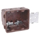 Two-Gang Bracket Outlet Box, Volume 34 Cubic Inches, Length 3-11/16 Inches, Width 4-3/16 Inches, Depth 3-1/4 Inches, Color Brown, Material Phenolic, Mounting Means 3/8 Inch Offset Bracket for Wood or Steel Studs and #36 Clamps