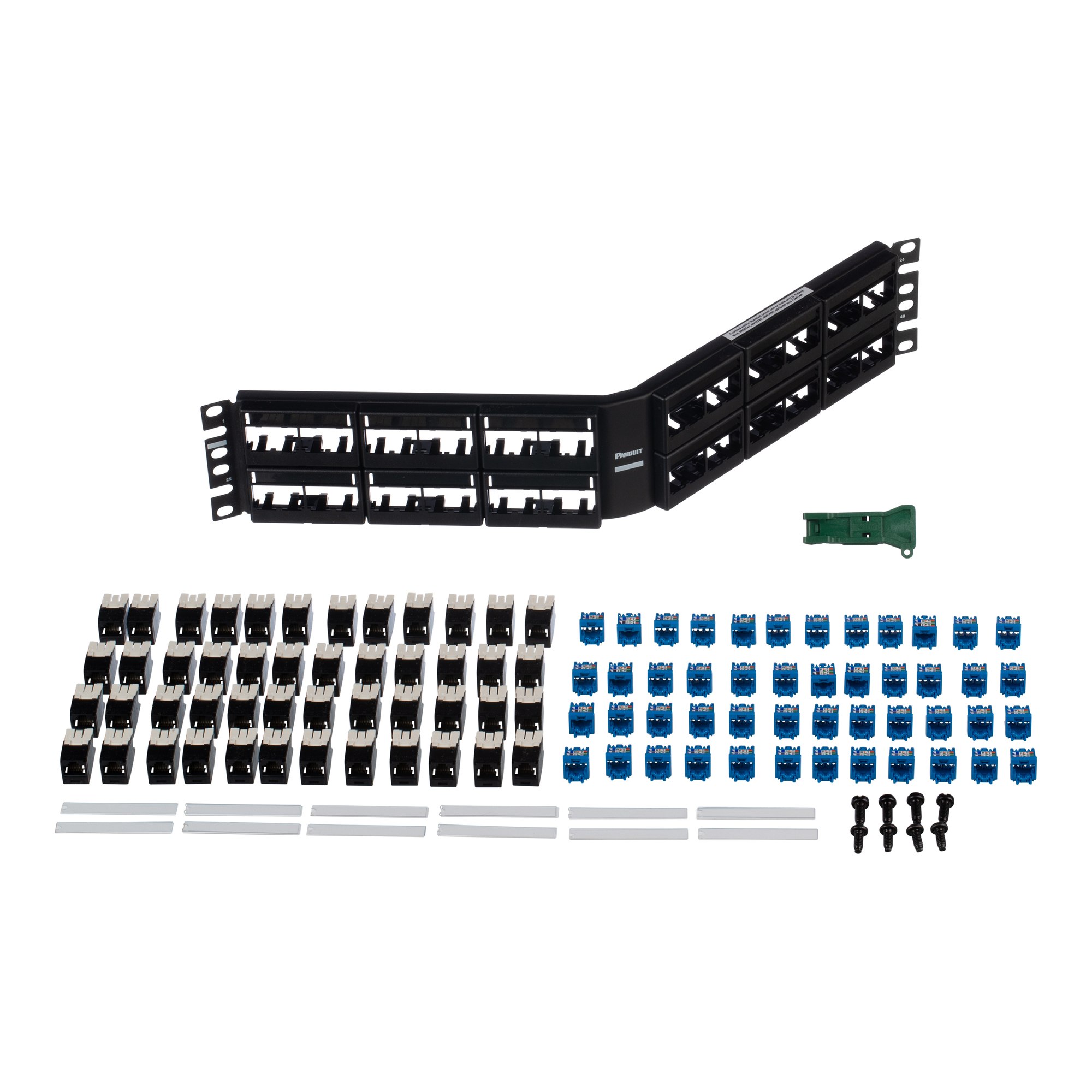 CPPKLA6ATG48WBL PanNet Mini-Com 2RU Angled Unshielded Modular Patch Panel Kit, 48 Ports, Cat 6A, Cold Rolled Steel