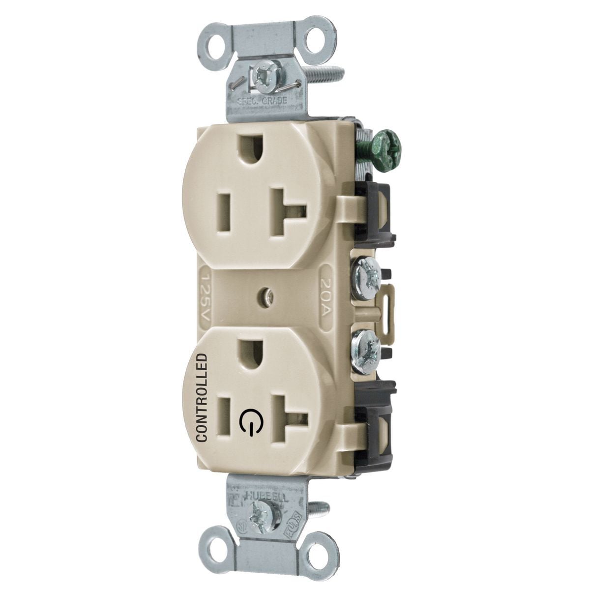 BR20C1LA 1-Phase Duplex 1-Controlled Face Grounding Standard Traditional Screw Mount Straight Blade Receptacle, 125 V AC, 20 A, 2 Poles, 3 Wires, Light Almond