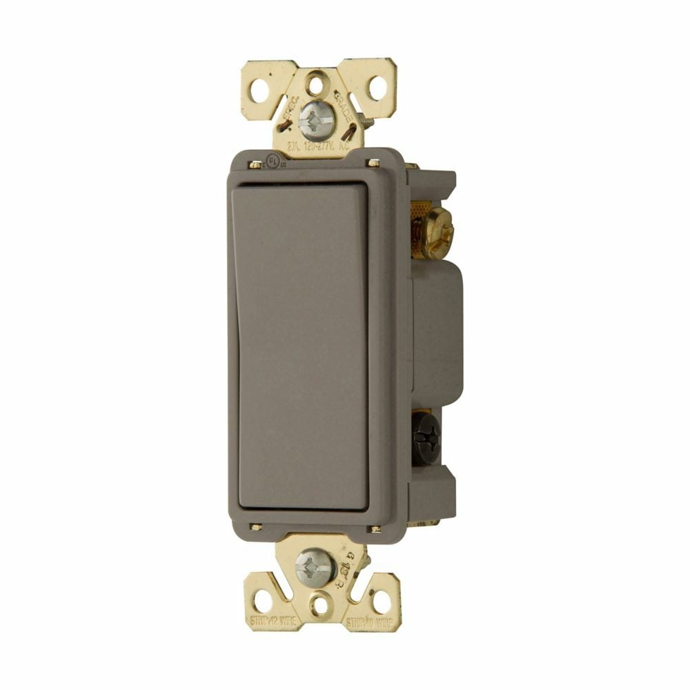 Eaton commercial grade decorator switch, Box, #14-10 AWG, 20A, Flush, 120/277V, Back/push, Antimicrobial paddle, Maintained, Gray, Motor Control, Fan, LED, Incand, ELV,MLV,CFL, Florscnt, Halogen, Three-way, Thermoplastic 647369