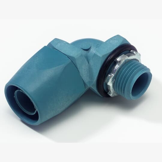 6322 T&B Conduit Connector With Captive Sealing O-Ring, Tapered Hub Thread, 1/2 in Trade, 90 deg, Thermoplastic, Electro-Zinc Plated