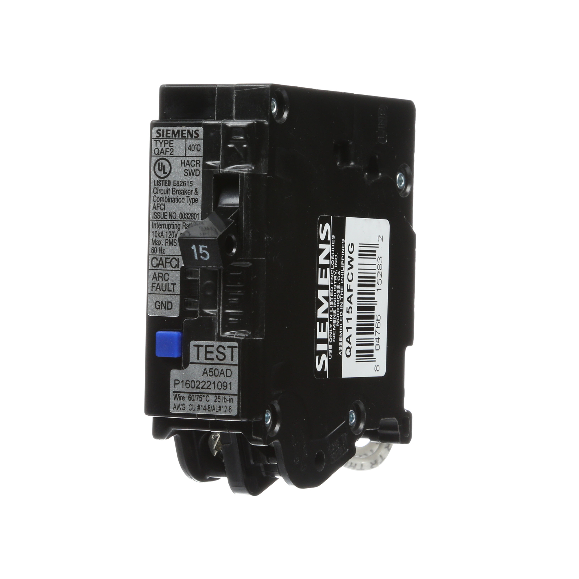 QA115AFCWG Murray WireGuide Combination Arc Fault Circuit Breaker, 120 V, 15 A, 10 kA Interrupt, 1 Poles, Thermal Magnetic Trip