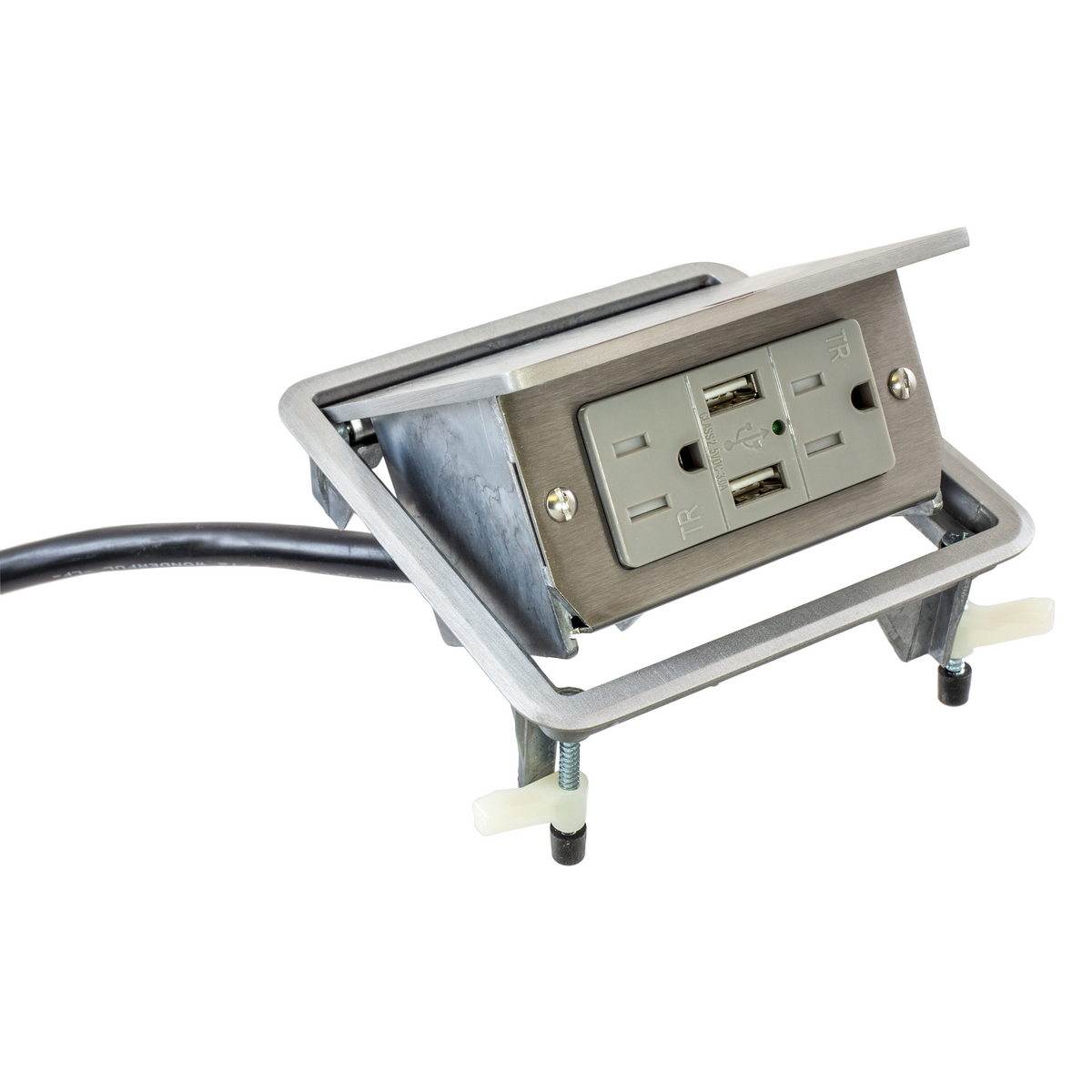 WSBUSB2X2ALU Flip Up Furniture Connectivity Work Surface Box With (2) 3 A USB Charging Port, Aluminum, 1.2425 cu-in Capacity, 3 Outlets