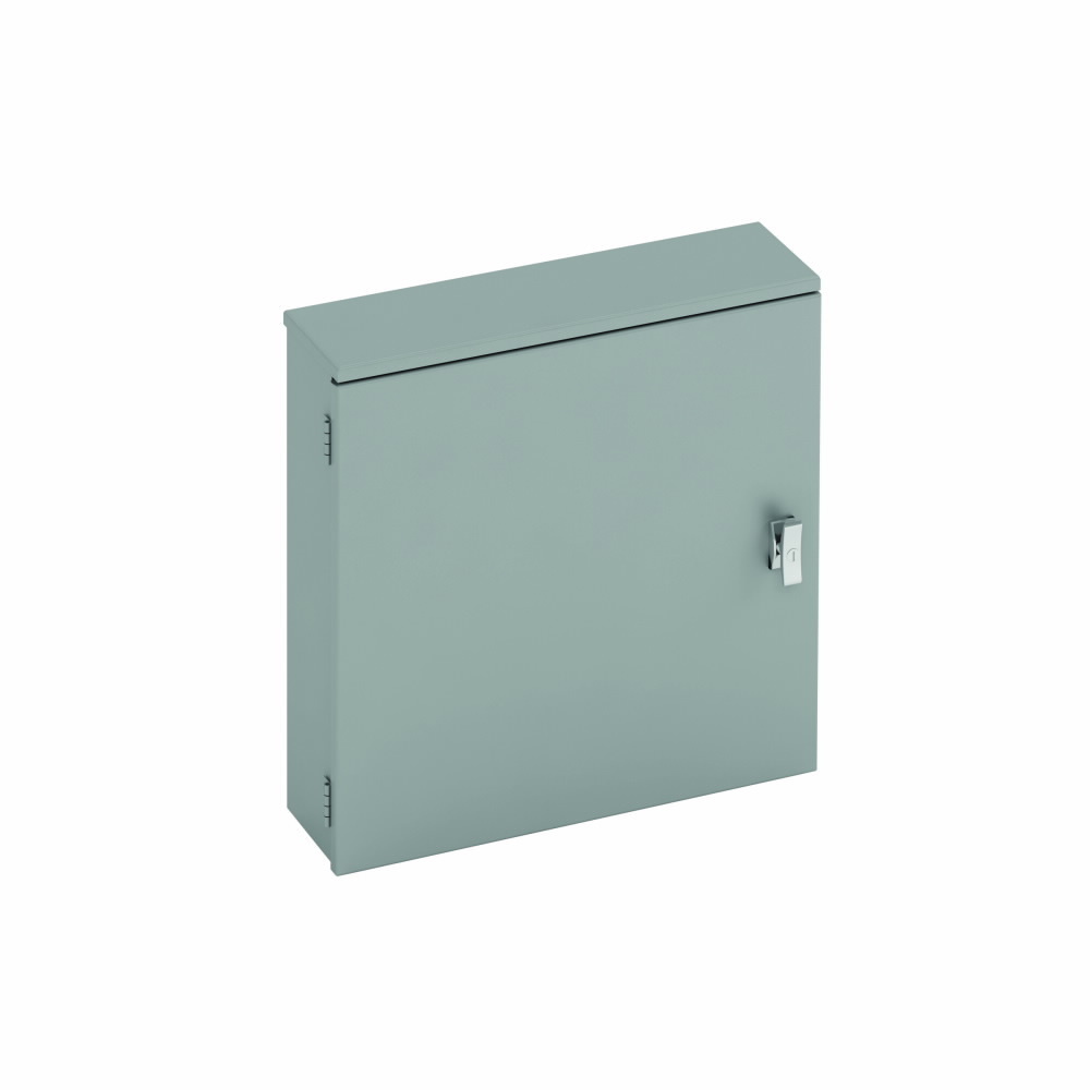 utility enclosures, 24" height, 6" length, 24" width, NEMA 3R, Hinged cover, RTC cabinet, Surface mounted, Medium single door, 9 bottom knockouts, Embossed thru holes, Carbon steel