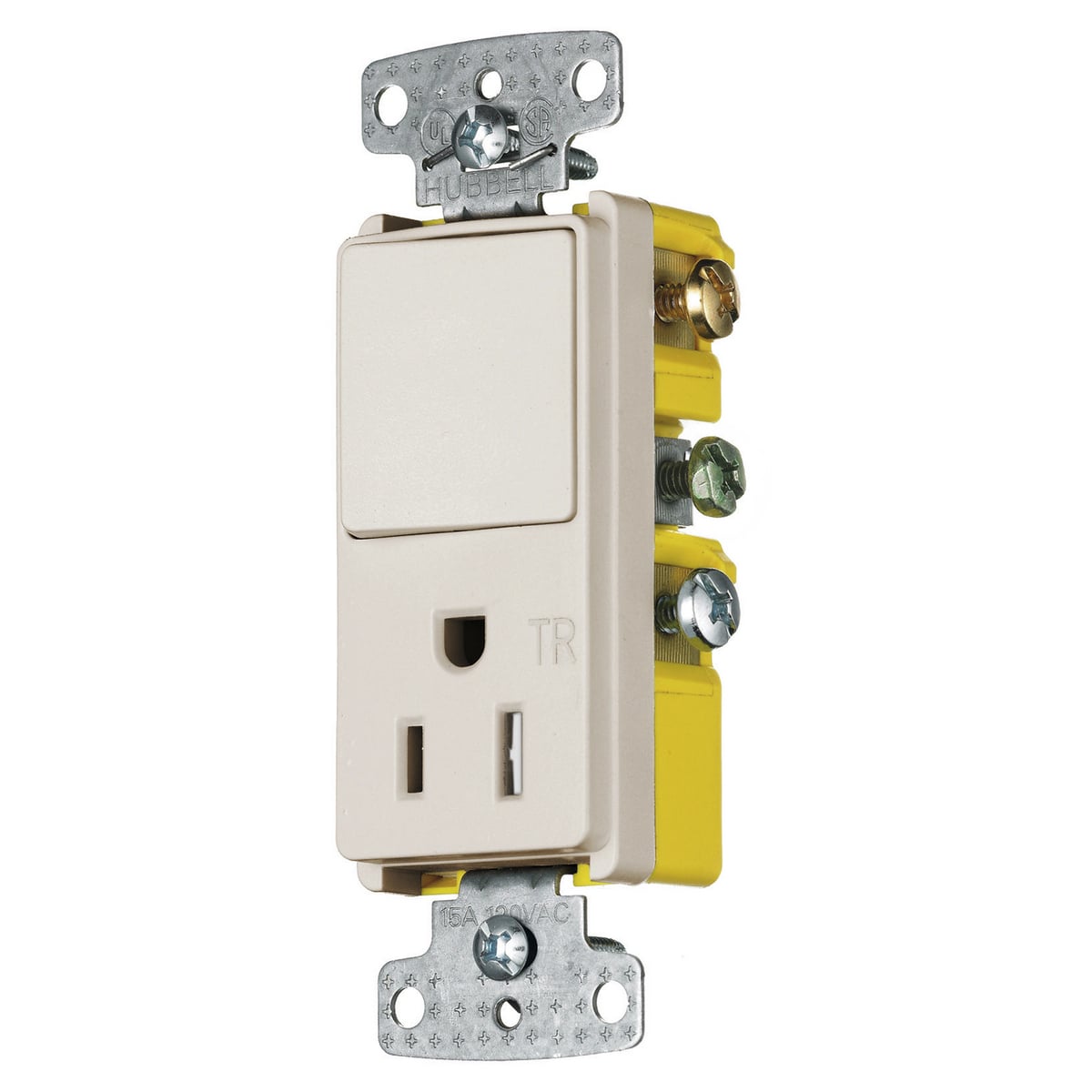 RCD308LATR Decorator 2-Position 3-Way Standard Tamper-Resistant Combination Switch and Receptacle, Electrical Ratings: 15 A, 125 VAC, 1875 W, 2 Poles, 3 Wires, 14 to 12 AWG Wire, Snap Switch Reset