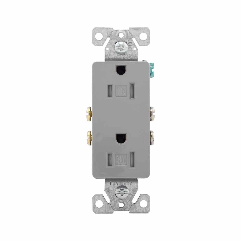 Eaton residential grade decorator duplex receptacle, #14-10 AWG, 15A, Commercial, Residential, Flush, 125V, Side and push, Gray, Brass, Impact-resistant thermoplastic face, PVC body, 5-15R, Duplex, Screw, Thermoplastic, ED Box