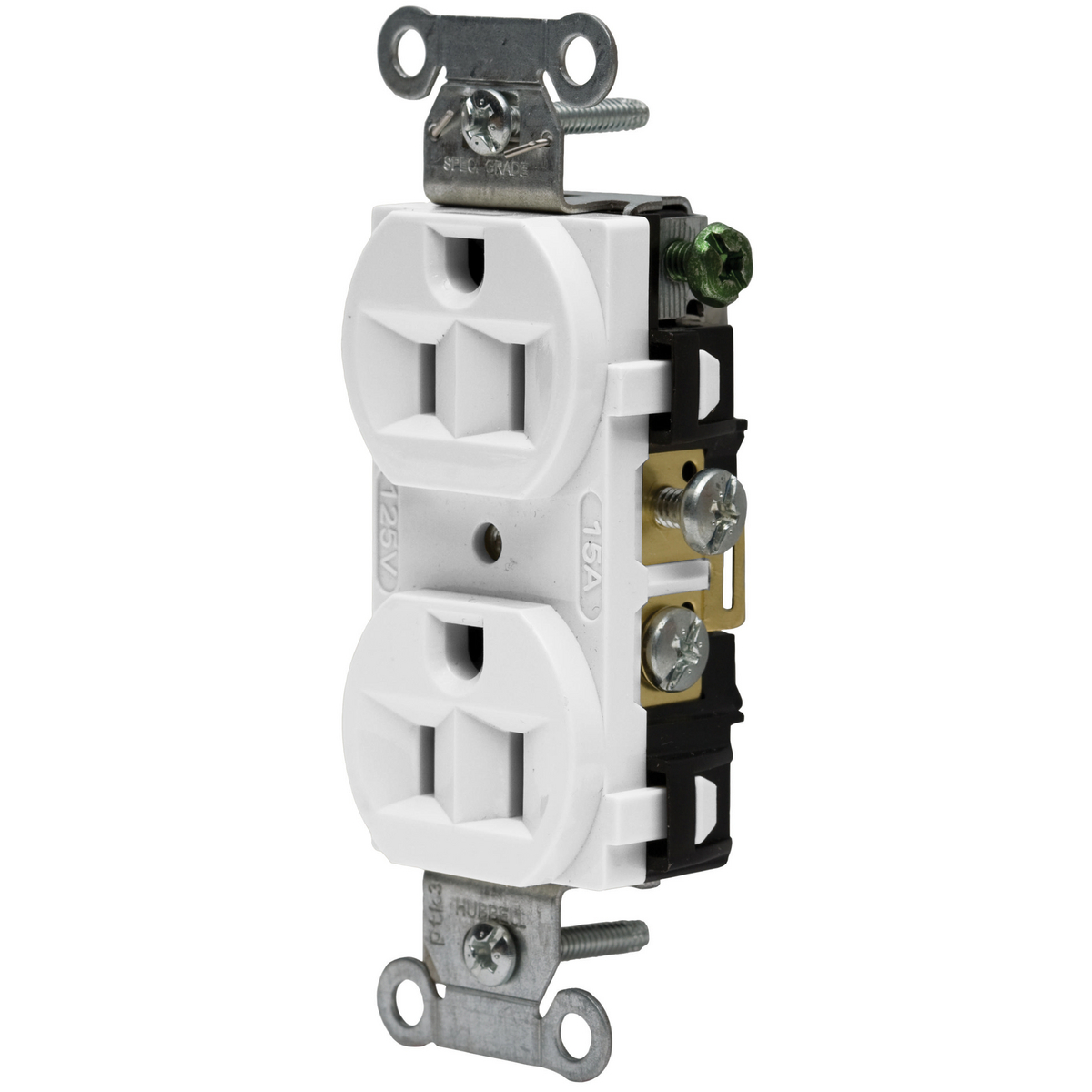 CRF15WHI 1-Phase Duplex Self-Grounding Standard Traditional Screw Mount Straight Blade Receptacle, 125 VAC, 15 A, 2 Poles, 3 Wires, White