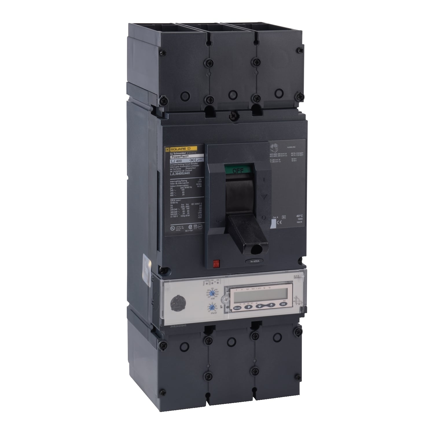 LJL36400U44X PowerPact 80% Rated L Molded Case Circuit Breaker, 600 V AC, 400 A, 100 kA at 240 V AC/65 kA at 480 V AC/25 kA at 600 V AC Interrupt, 3 Poles, Electronic Trip