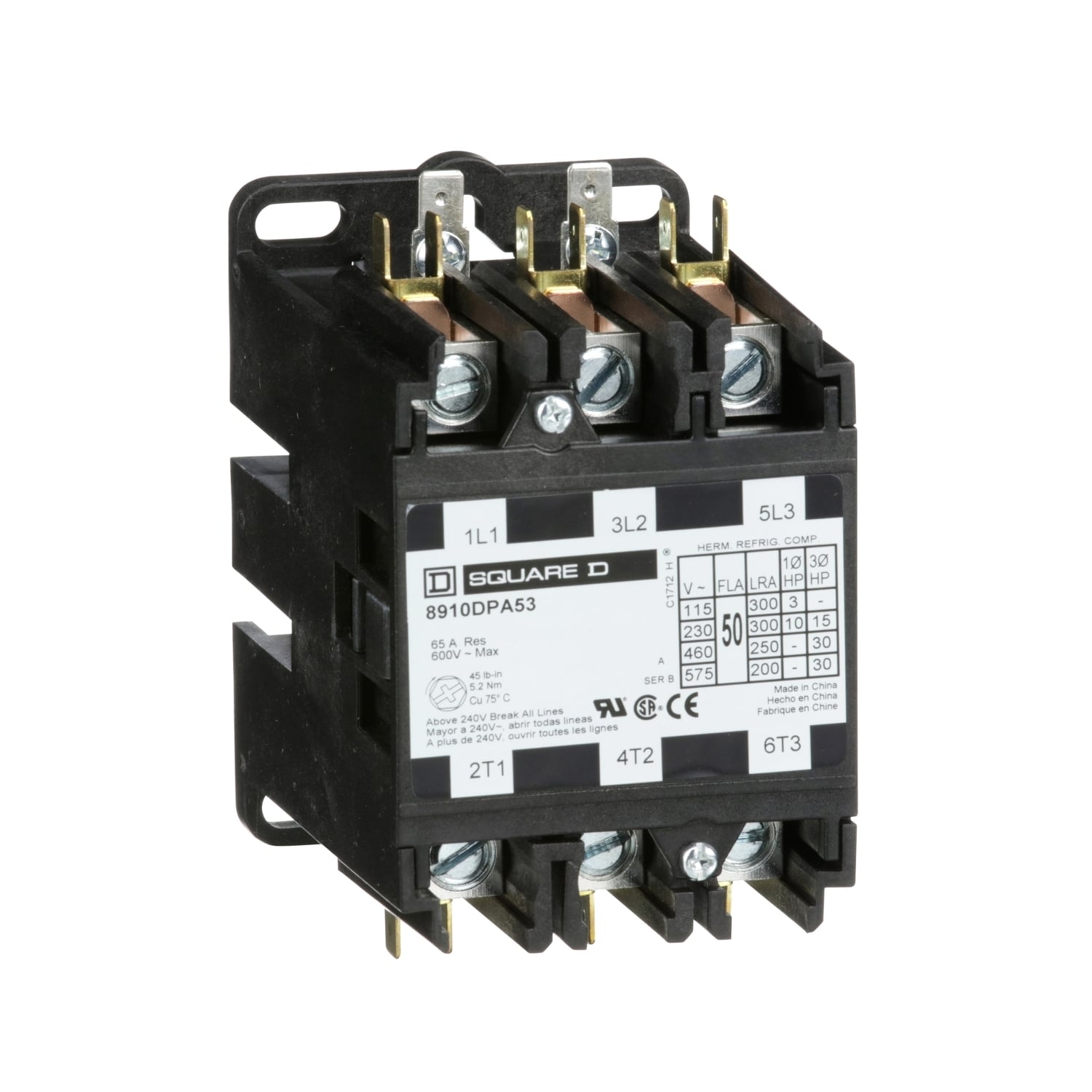 8910DPA63V09Y125 Definite Purpose Contactor, 220/208/240 V AC V Coil, 360 A at 277 VAC, 3NO Contact, 3 Poles