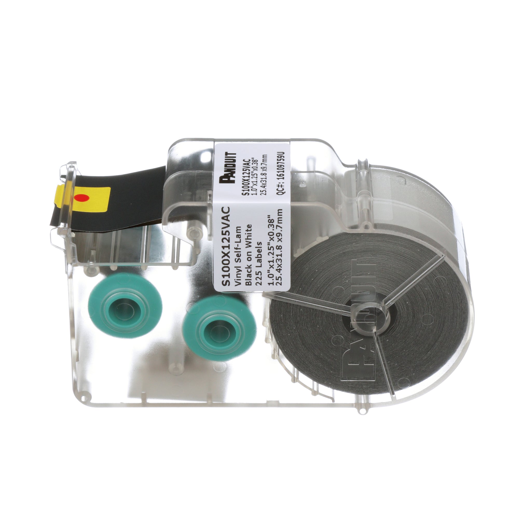 S100X125VAC P1 Self-Laminating Label Cassette, 1-1/4 in L x 1 in W, Clear/White, Vinyl