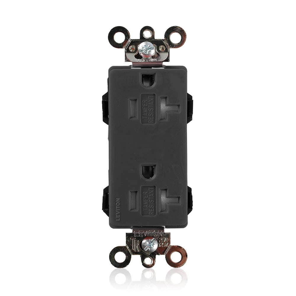 MT163-E Lev-Lok Duplex Self-Grounding Tamper Resistant Straight Blade Receptacle, 125 V AC, 20 A, 2 Poles, 3 Wires, Black
