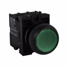 Eaton M22 modular pushbutton, Complete Device, 22.5 mm, Flush, Momentary, Illuminated, Bezel: Black, Button: Green, 1NO-1NC, IP67, IP69K, NEMA 4X, 13, 85-264V
