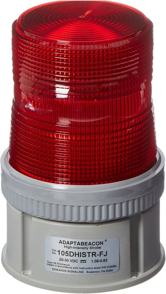 105DHISTR-FJ 105 Heavy Duty High Intensity Flashing Strobe Beacon, 20 to 30 V DC, Xenon Lamp, 4-1/2 in Dia, Red Lens