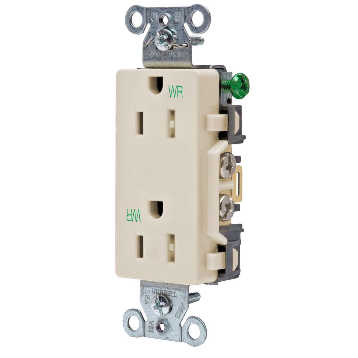 DR15LAWRTR 1-Phase Decorator Duplex Self-Grounding Standard Tamper/Weather Resistant Screw Mount Straight Blade Receptacle, 125 VAC, 15 A, 2 Poles, 3 Wires, Light Almond