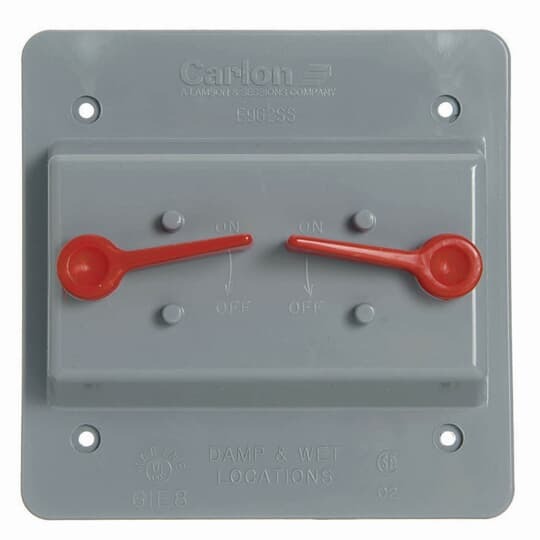 E9G2SSN Carlon Double Toggle Non-Metallic Weatherproof Switch Box Cover, 4.85 in L x 4.85 in W x 1.84 in D