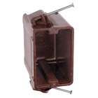 Single-Gang Nail-On Outlet Box, Volume 21 Cubic Inches, Length 3-5/8 Inches, Width 2-5/16 Inches, Depth 3-1/2 Inches, Color Brown, Material Phenolic, Mounting Means Angled Side Nails