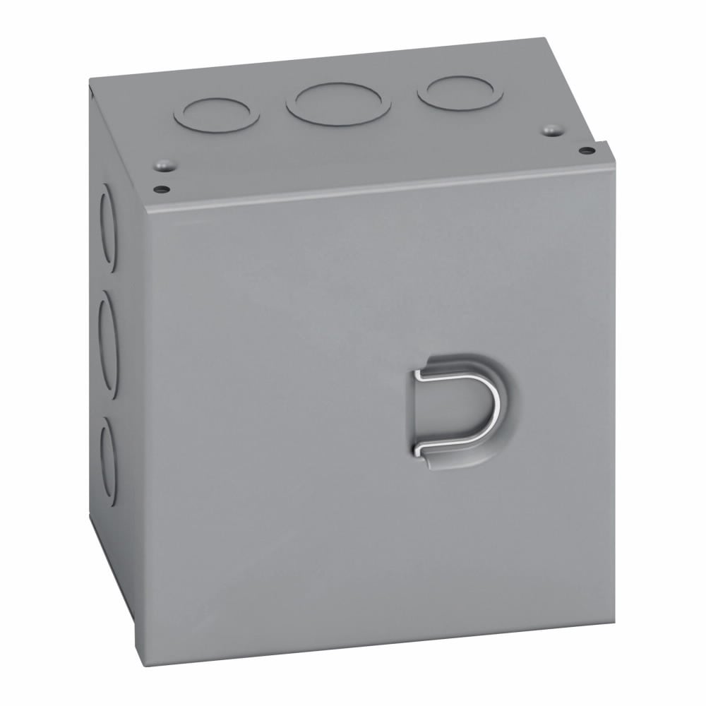 Type 1 junction boxes, 8" height, 4" length, 8" width, NEMA 1, Hinged cover, HC enclosure, Surface mounted, Small single door, 4 top-bottom knockouts,4 side knockouts, Thru holes, Carbon steel