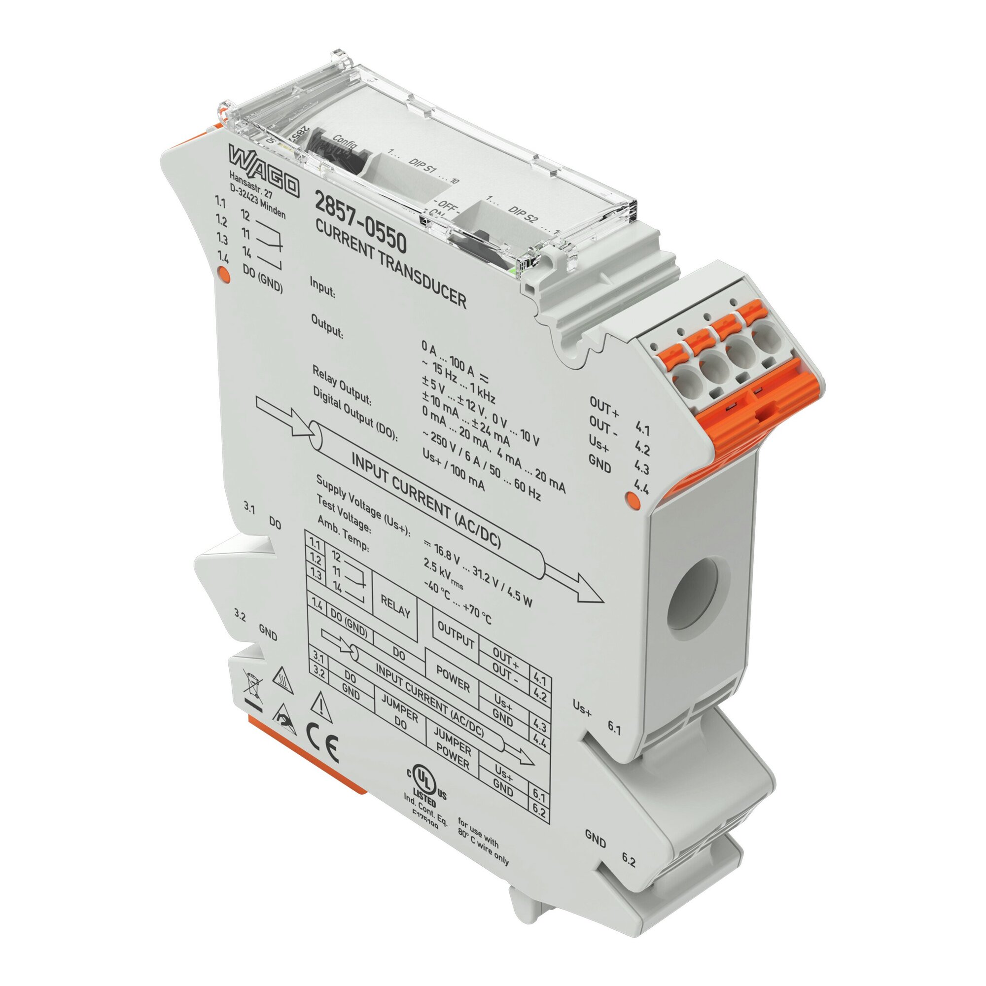 2857-550 2857 Adjustable Signal Conditioner, 24 V DC Input, 2 to 10 V Output, 3 kV Power Rating, Current Inpu