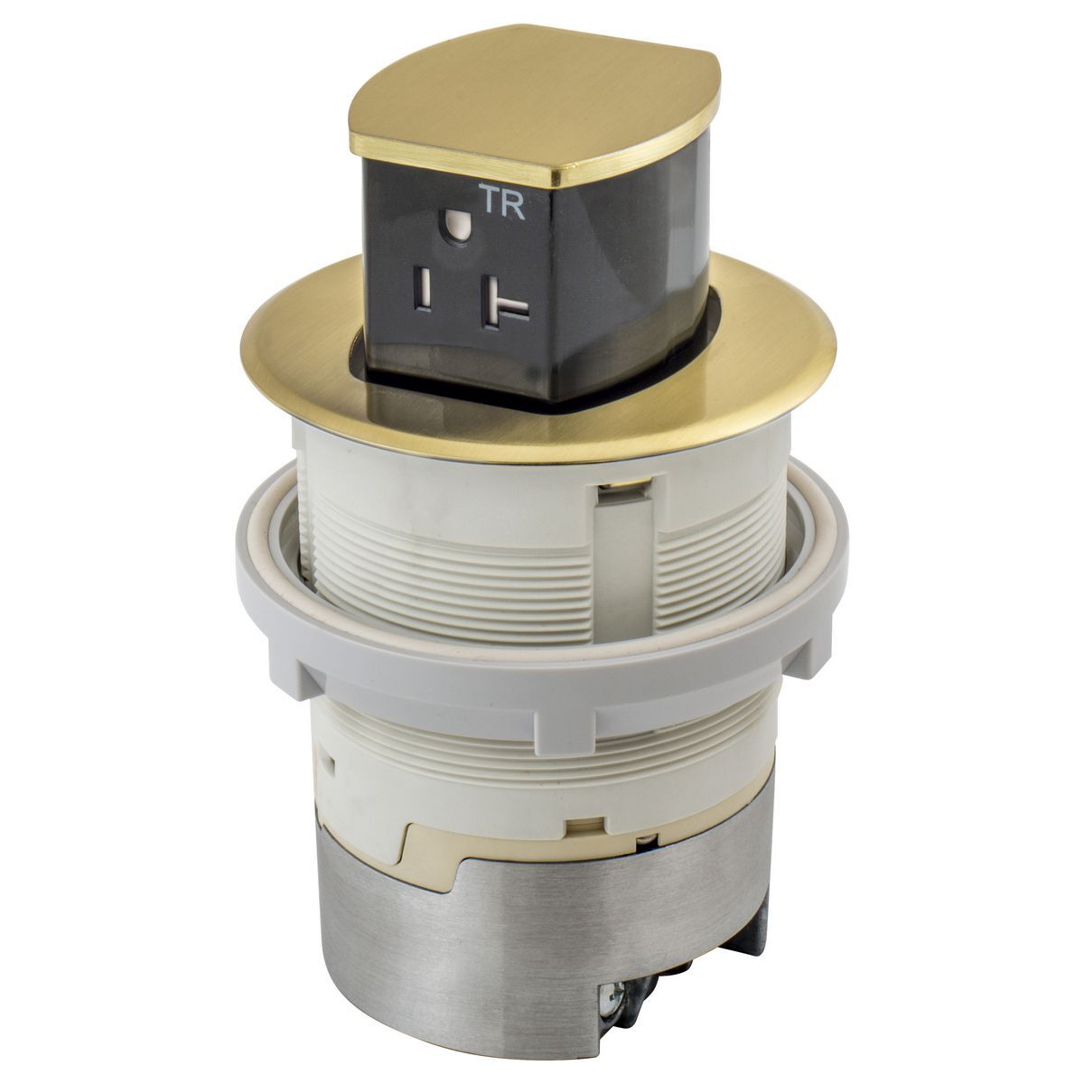 RCT220BR 1-Outlet Pop-Up Standard Tamper-Resistant Kitchen Counter Receptacle, 125 V, 20 A, 2 Poles, 3 Wires, Brass