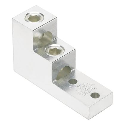 LAM2SB600-38-1Y Pan-Lug 2-Barrel Vertical Mechanical Connector Lug, 2 AWG to 600 kcmil Aluminum/Copper/Stranded Conductor, 3/8 in Stud, 2 Bolt Holes, Aluminum