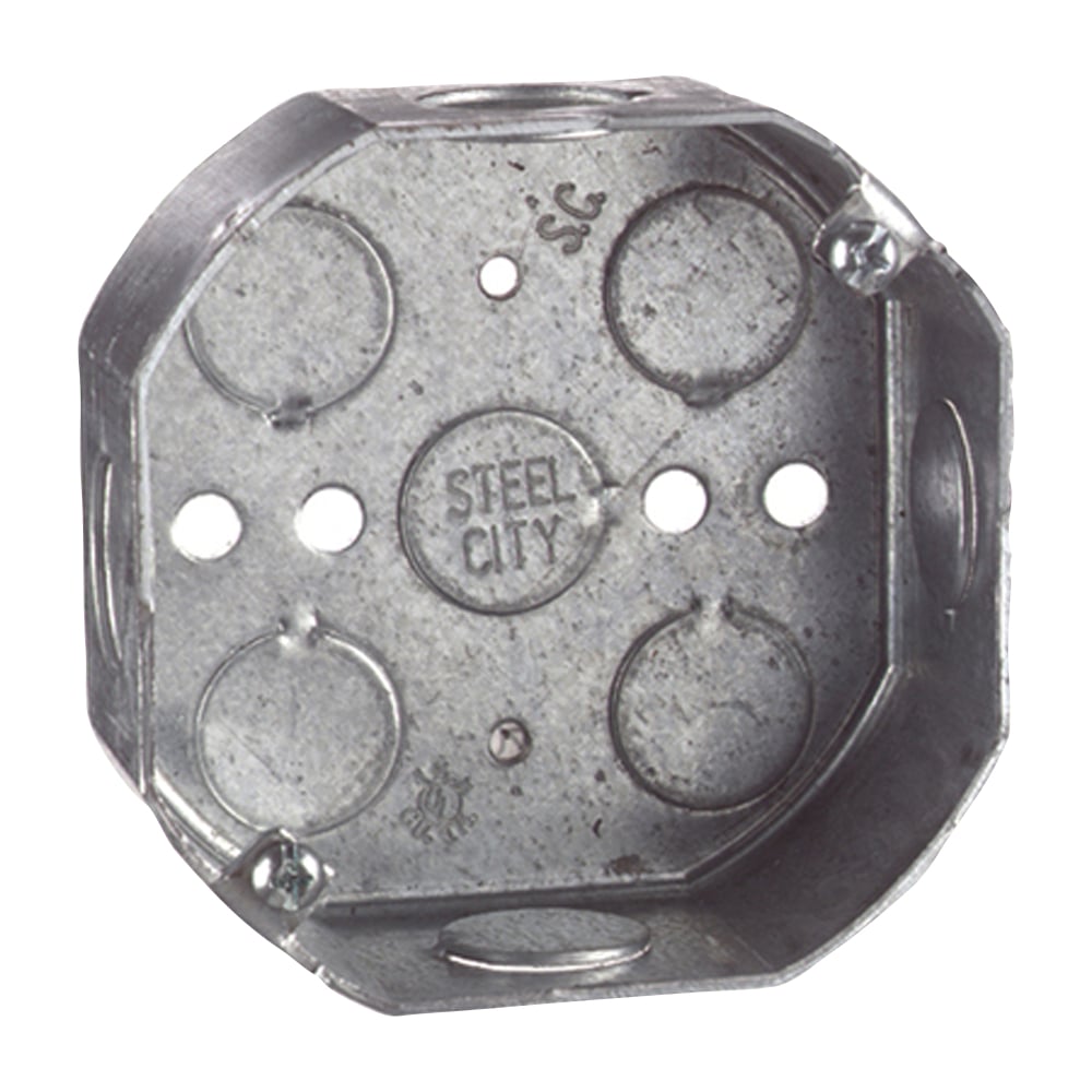 54151-1/2-CFB-BP Steel City Octagon Box, Steel, 15.8 cu-in Capacity, 1 Outlets, 5 Knockouts, 1-1/2 in D