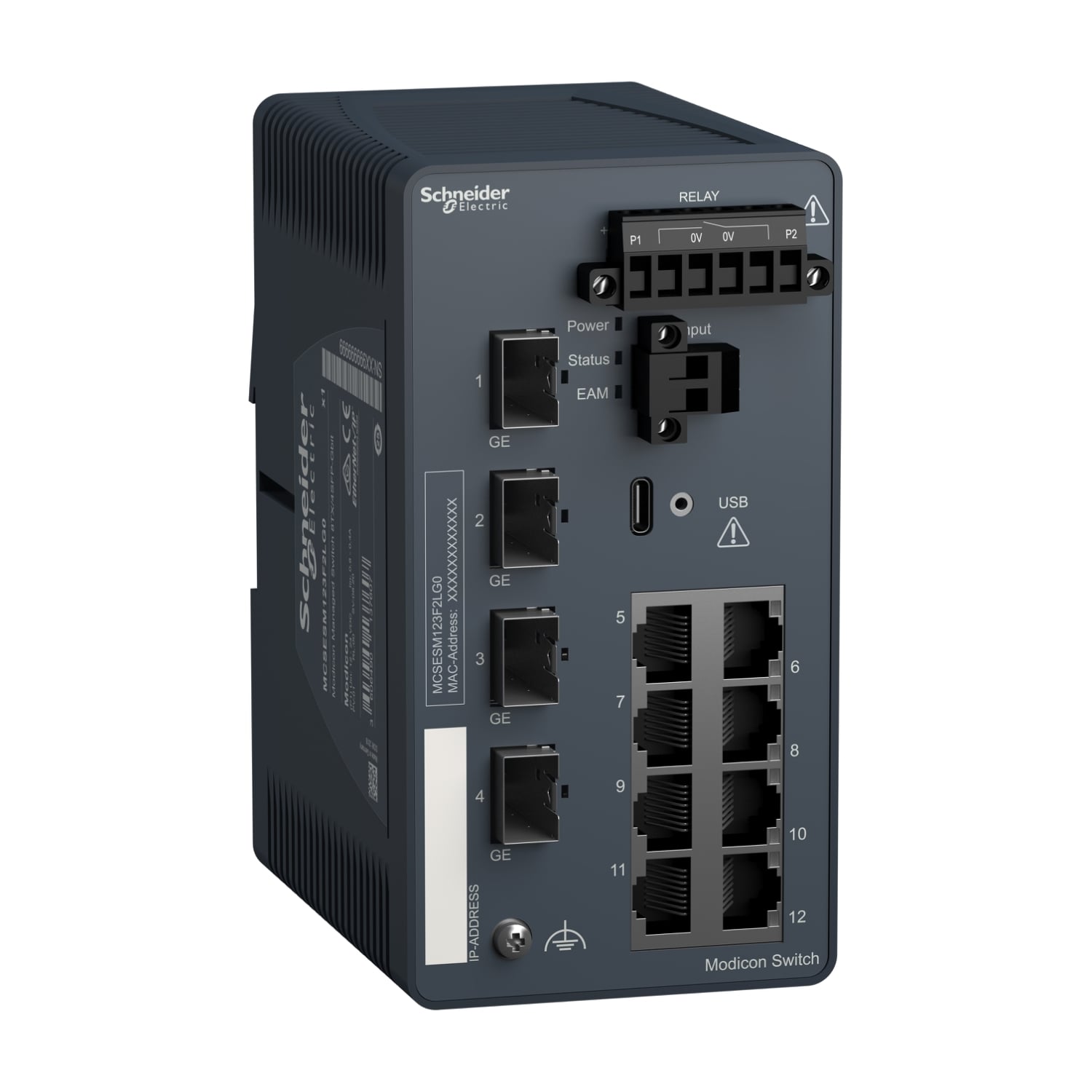MCSESM123F2LG0 Modicon Transparent Ready Managed Switch, (8) 10/100BASE-TX, (4) 100/1000 SFP, (4) 1000BASE-SFP Interface, Ethernet TCP/IP Protocol