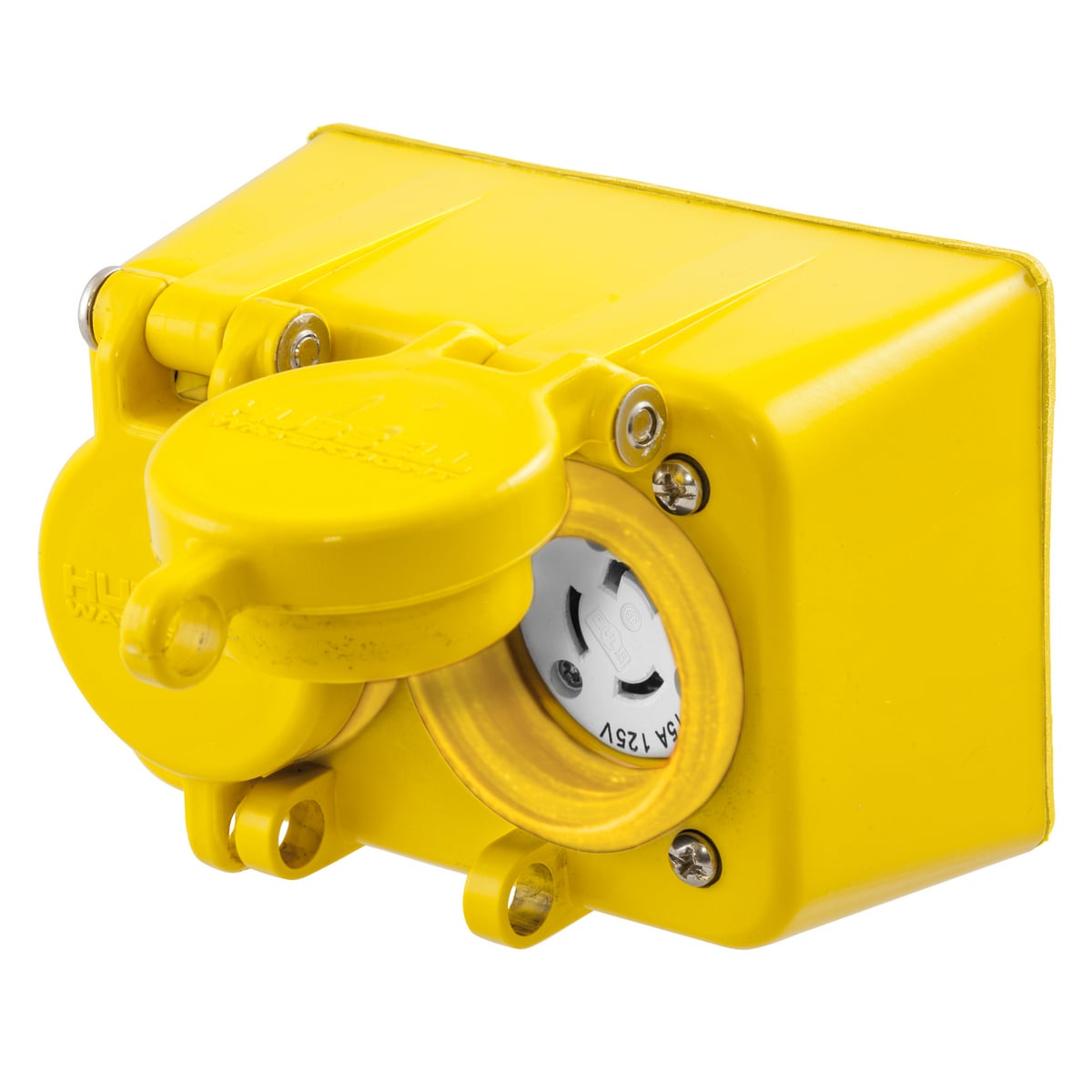 HBL65W47D 1-Phase Duplex Grounding Standard Watertight Screw Mount Straight Blade Receptacle, 125 V AC, 15 A, 2 Poles, 3 Wires, Yellow