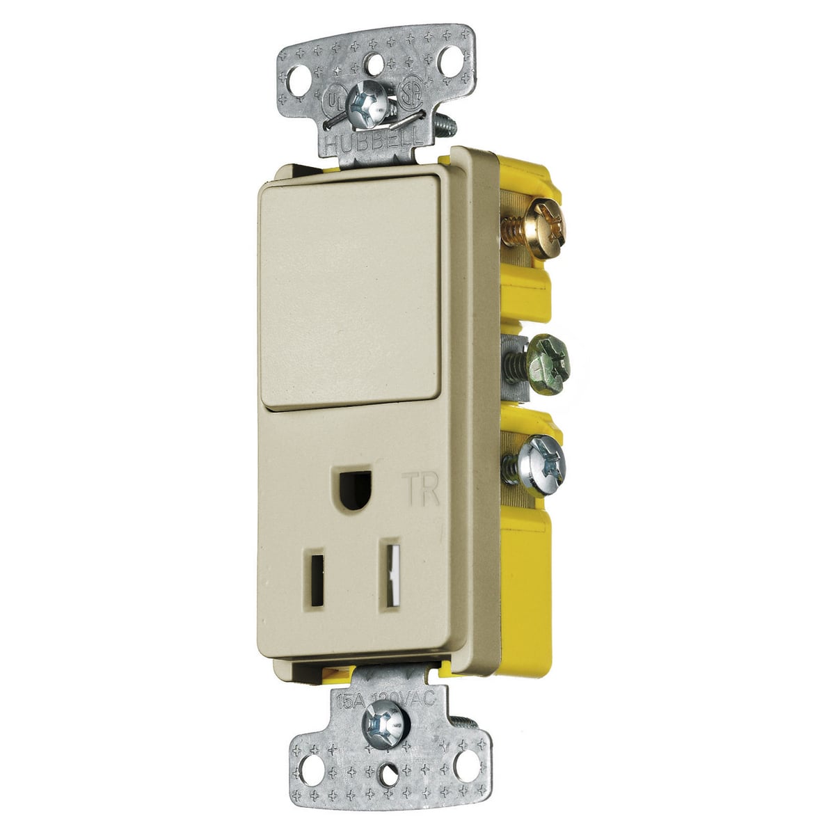 RCD108ITR Decorator 2-Position Standard Tamper-Resistant Combination Switch and Receptacle, Electrical Ratings: 120/125 VAC, 15 A, 1875 W, 1 Poles, 3 Wires, 14 to 12 AWG Wire, Snap Switch Reset