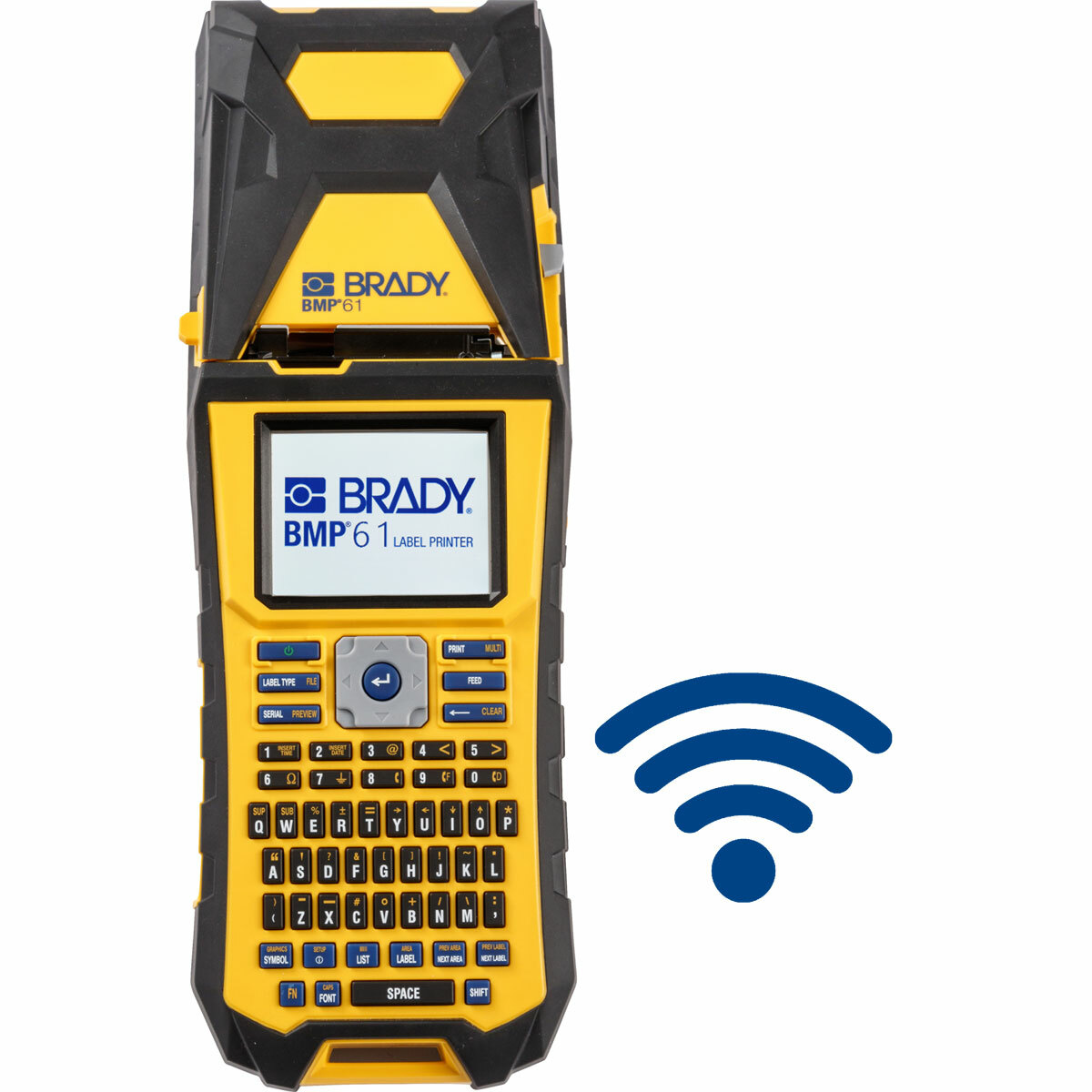 BMP61-W BMP61 Barcode Capable Handheld Portable Single Color Label Printer, Thermal Transfer Print, 2 in W Tape, 4 to 170 Point Font, AC Adapter/NiMH Rechargeable Battery, Color Touch Screen/LCD Backlit Graphics Display