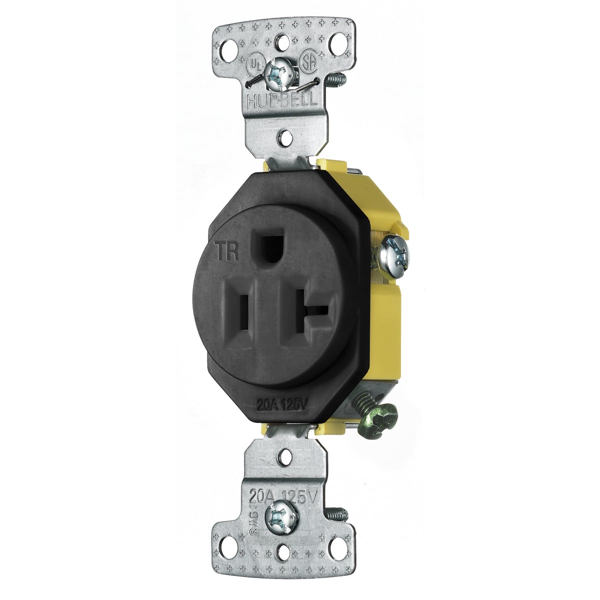 RR201BKTR 1-Phase Single Standard Tamper Resistant Screw Mount Straight Blade Receptacle, 125 V AC, 20 A, 2 Poles, 3 Wires, Black