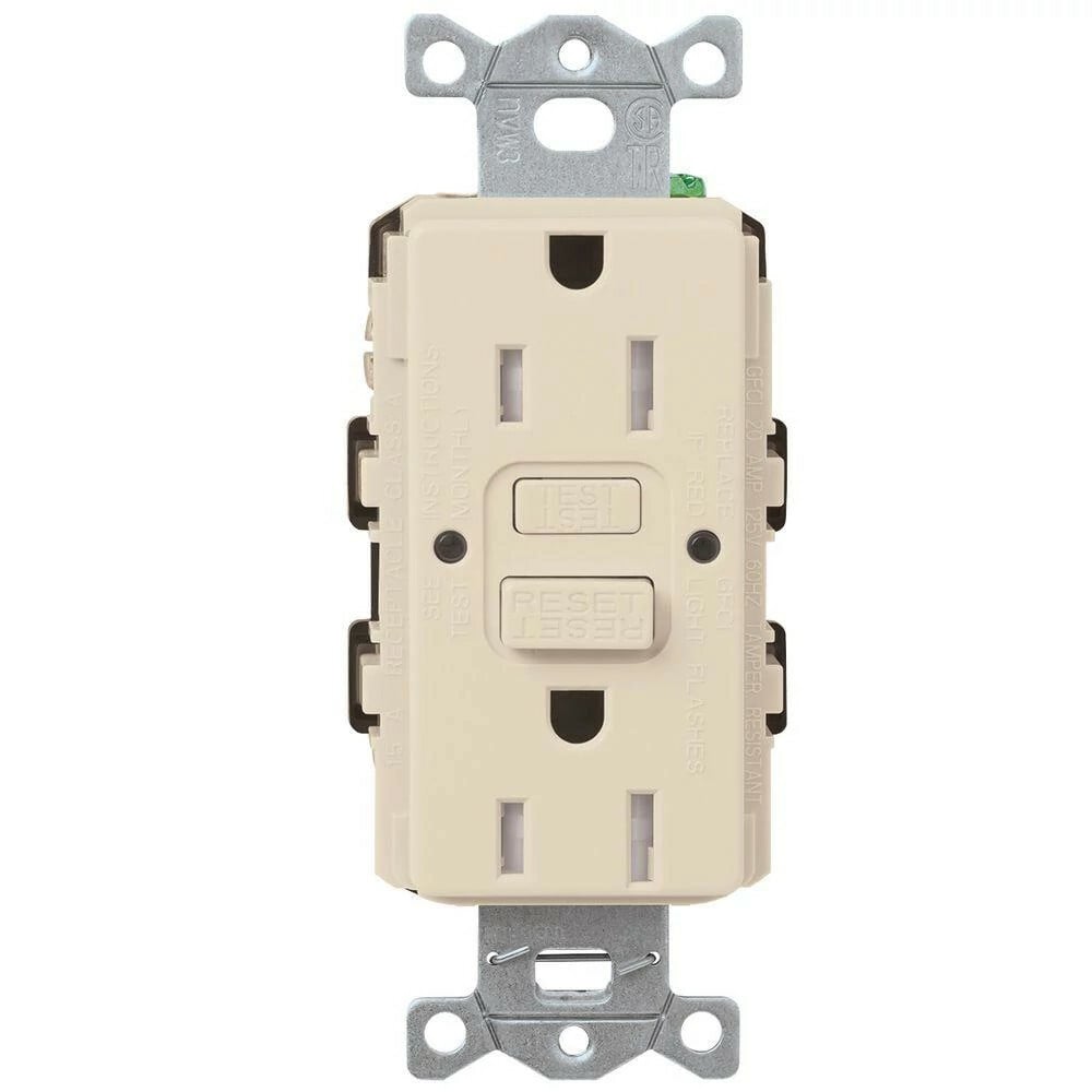 CAR-15-GFST-LA Claro Tamper-Resistant GFCI Duplex Receptacle, Decorator-Style Outlet, 15 Amp, Self-Testing, Gloss, Light Almond