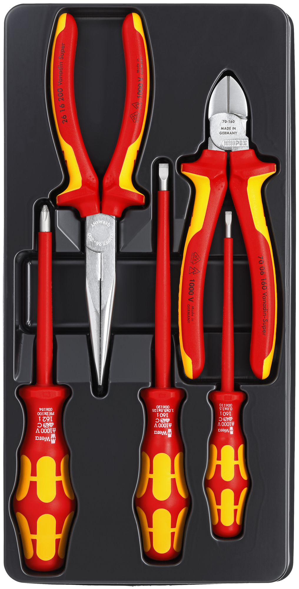 00 20 13 VDE Tool Set, Plastic Deep-Drawn Tray with Transparent Lid Tool Storage, 5 Pieces, ASTM F1505, DIN EN/IEC 60900