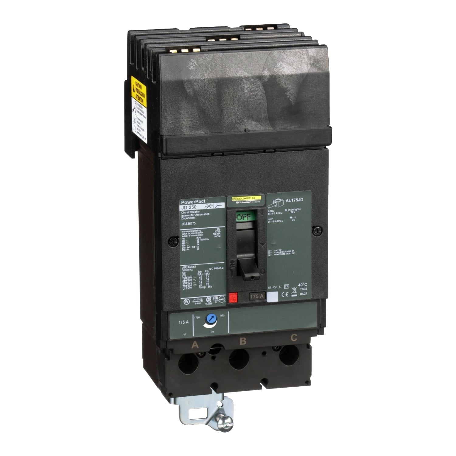 JDA36175 I-Line PowerPact J Molded Case Circuit Breaker, 600 V AC/250 V DC, 175 A, 14/18/20/25 kA Interrupt, 3 Poles, Thermal Magnetic Trip