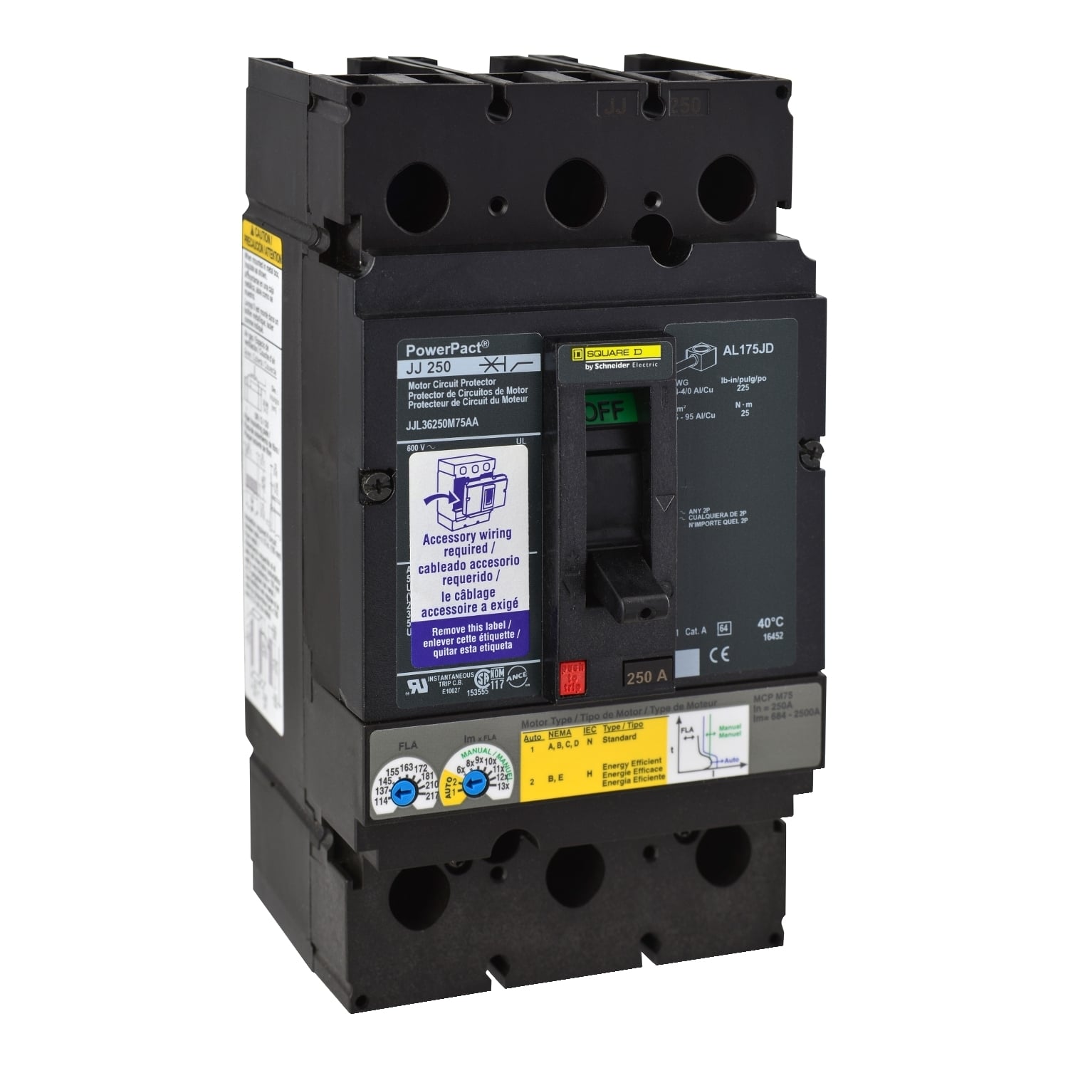 JJL36250M75AA PowerPact Type JJL Motor Circuit Protector, 600 V AC, 250 A, 100 kA 240 V AC/65 kA 480 V AC/25 kA 600 V AC Interrupt, 3 Poles, Thermal Magnetic Trip