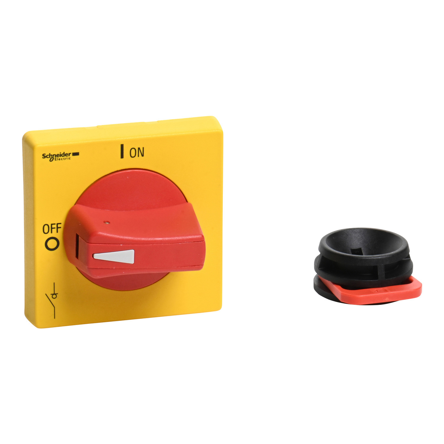 VLSH2H5R TeSys Protruding Rotary Single Hole Disconnect Switch Operating Handle With Front Plate, 65 mm L x 65 mm W x 65 mm H, Red/Yellow