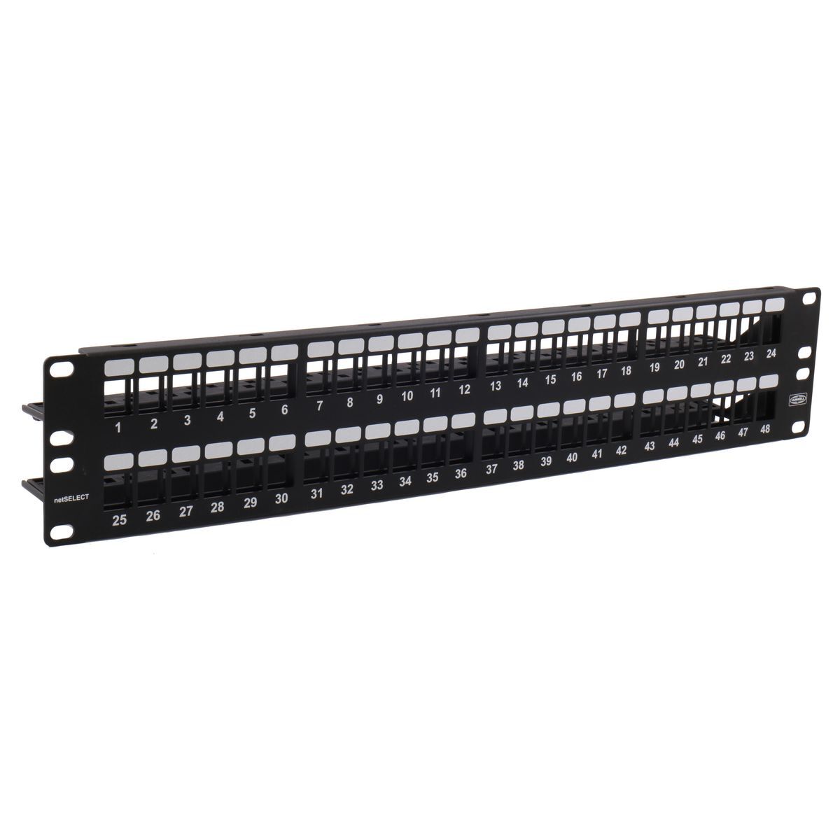 NSPJ48 2U Flat Standard Unloaded Universal Jack Patch Panel, 48 Ports, Cat 6, 19 in W x 1-3/4 in H Terminal, Composite