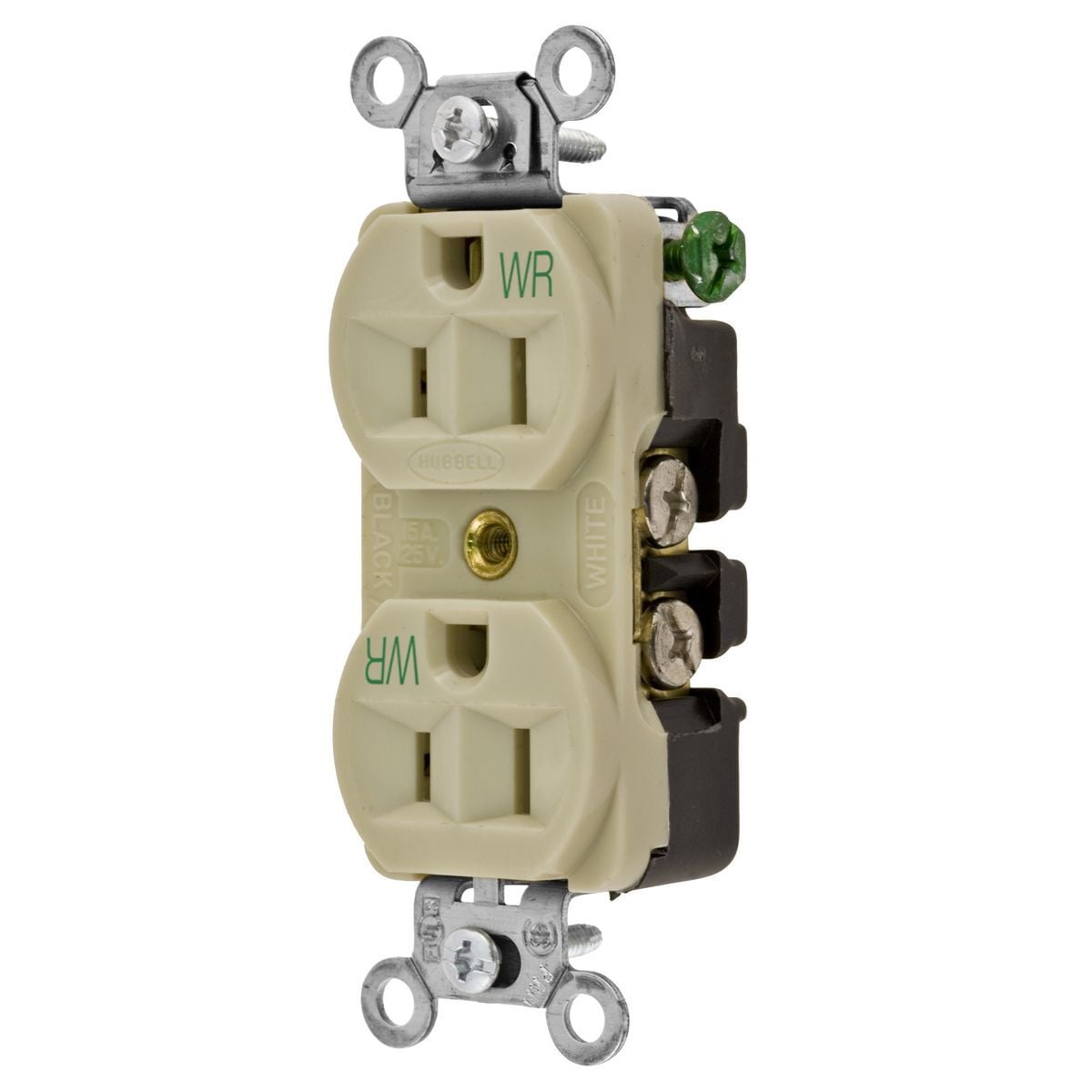 5262IWR 1-Phase Duplex Heavy Duty Standard Weather-Resistant Screw Mount Straight Blade Receptacle, 125 VAC, 15 A, 2 Poles, 3 Wires, Ivory