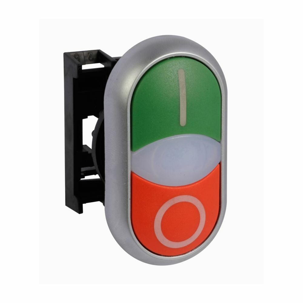 M22-DDL-GR-X1-X0 2-Modular Illuminated Pushbutton Operator, 22.5 mm, Double/Extended Operator, Momentary Contact, Green/Red