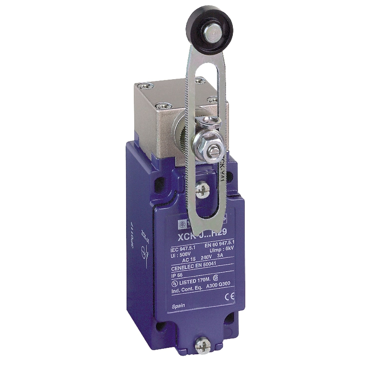 XCKJ10513DSC8 Fixed Rotary Standard Format Limit Switch, 60 V, 4 A, Roller Lever Actuator, 1NO-1NC Contact, 2 Poles