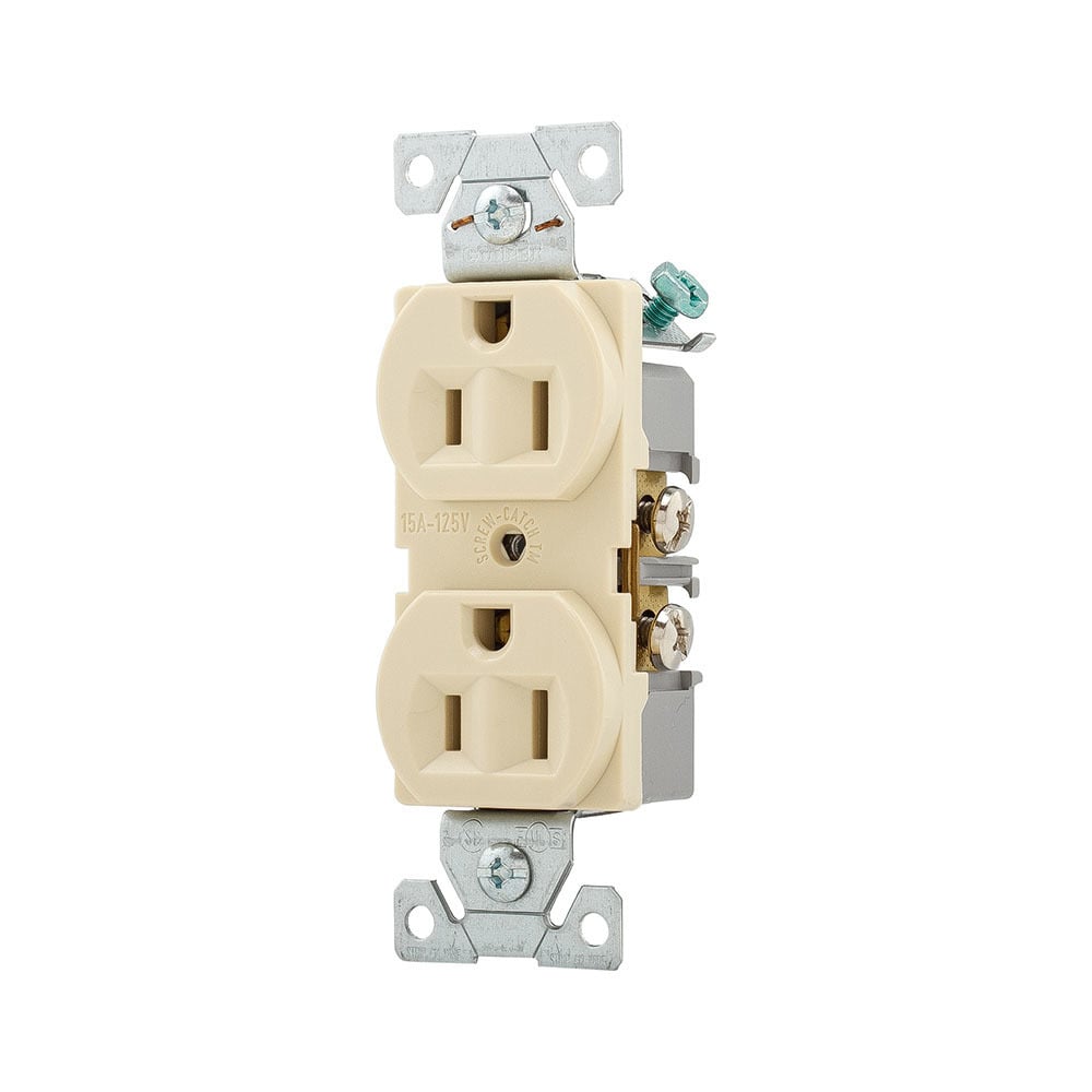 Eaton Arrow Hart heavy-duty industrial specification grade duplex receptacle, #14-10 AWG, 15A, Industrial, Flush, 125V, Back and side, Ivory, Brass, High-impact nylon face, 5-15R, Duplex, Screw, Glass-filled nylon