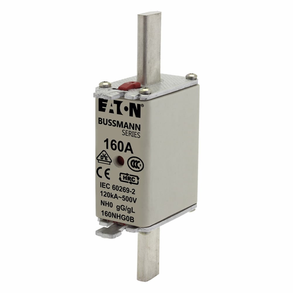 Eaton Bussmann series low voltage NH Fuse, Live gripping lug, 500V, 63A, 120 kAIC, Combination fuse status indicator, fuse, Blade end connection, Class C gL/gG, Square-body with knife blade contact, Ceramic body - 63NHG0B