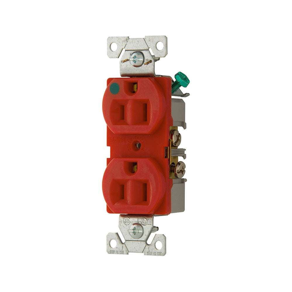 Eaton Arrow Hart heavy-duty hospital grade duplex receptacle, #14-10 AWG, 15A, Healthcare, Flush, 125V, Back and side, Red, Brass, Glass-filled nylon, PVC, 5-15R, Duplex, Screw, Glass-filled nylon, PVC