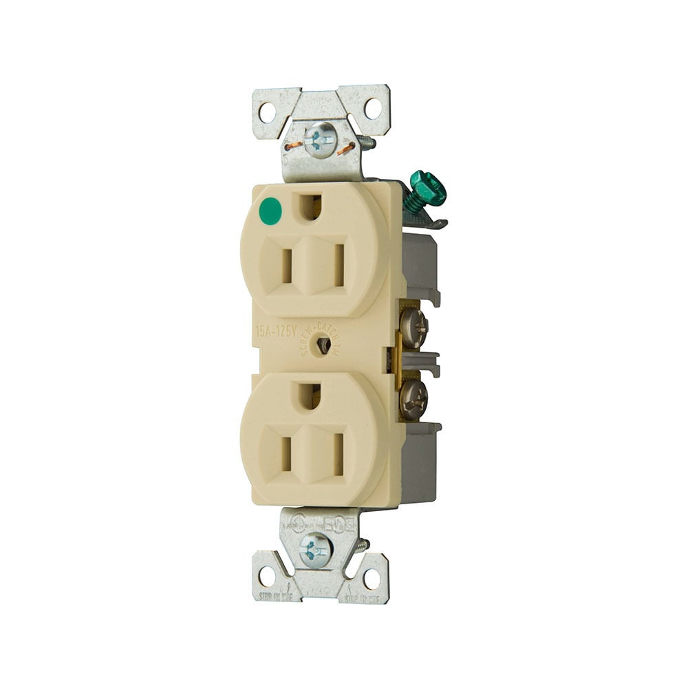 Eaton Arrow Hart heavy-duty hospital grade duplex receptacle, #14-10 AWG, 15A, Healthcare, Flush, 125V, Back and side, Ivory, Brass, Glass-filled nylon, PVC, 5-15R, Duplex, Screw, Glass-filled nylon, PVC