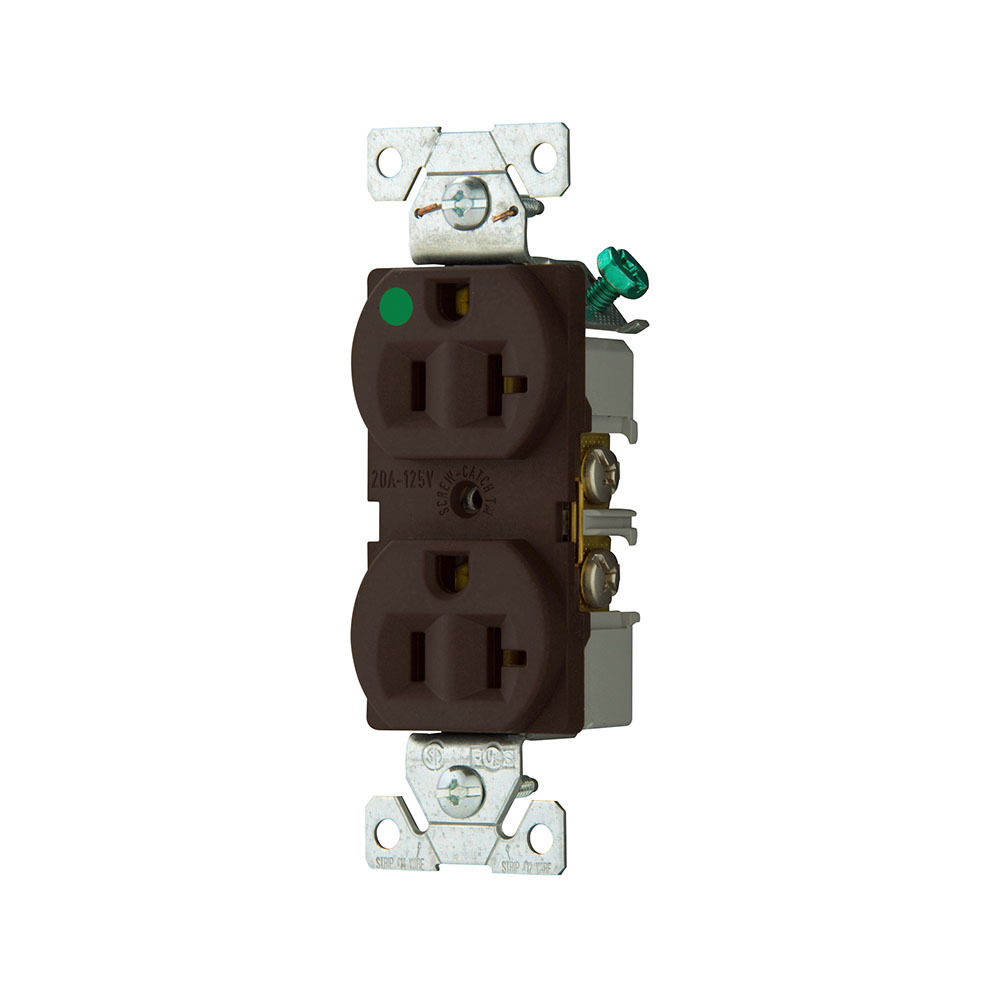 Eaton Arrow Hart heavy-duty hospital grade duplex receptacle, #14-10 AWG, 20A, Healthcare, Flush, 125V, Back and side, Brown, Brass, High-impact nylon face, PVC base, 5-20R, Duplex, Screw, Nylon, PVC