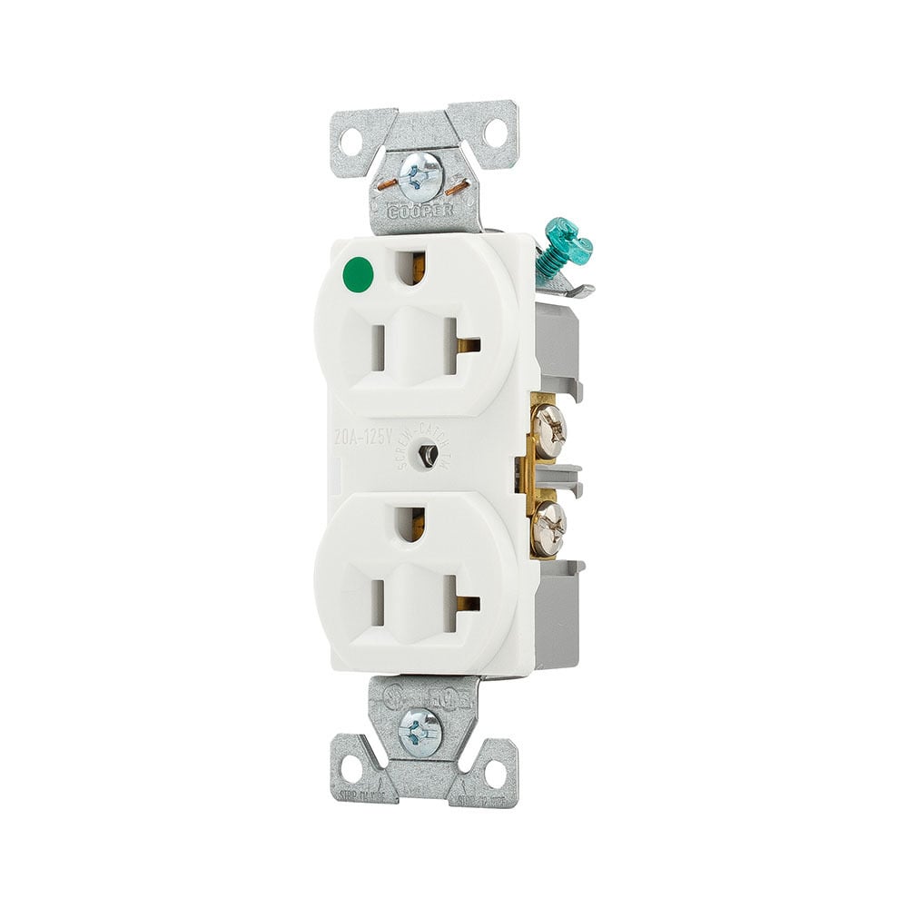 Eaton Arrow Hart heavy-duty hospital grade duplex receptacle, #14-10 AWG, 20A, Healthcare, Flush, 125V, Back and side, White, Brass, High-impact nylon face, PVC base, 5-20R, Duplex, Screw, Nylon, PVC