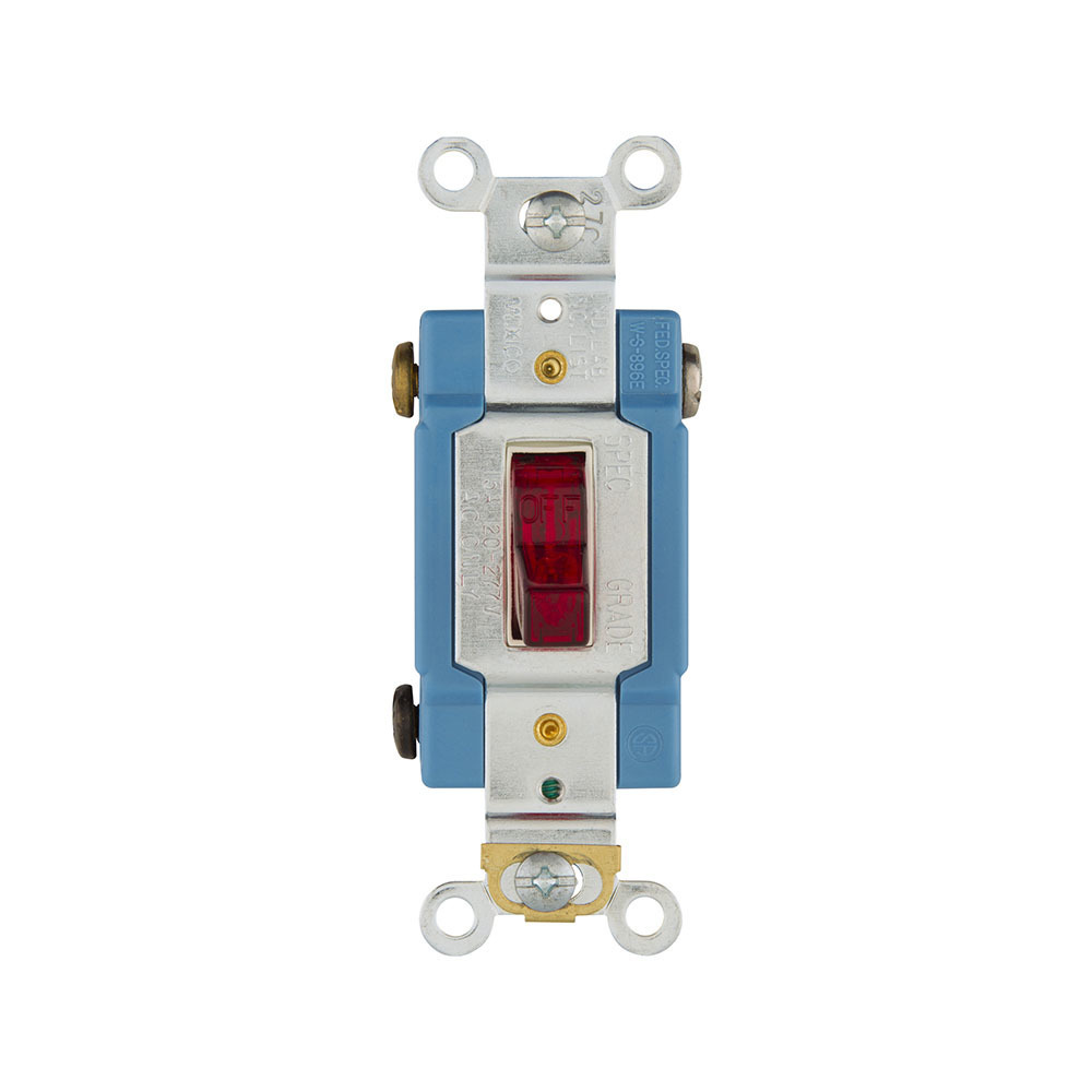 Toggle Switch , Industrial, Red, Screw, Phenolic, Flush, Single-pole, Pilot Light, Single Pole, Brass, 120/277 Vac, #14-10 AWG, Back and side