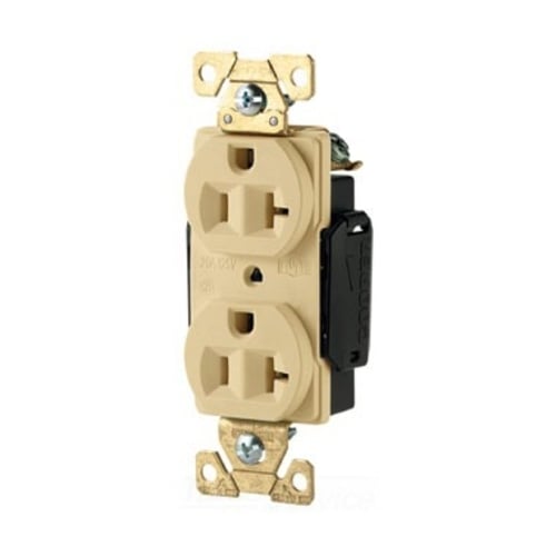 Eaton Arrow Hart extra heavy-duty industrial specification grade duplex receptacle, #14-10 AWG, 20A, Industrial, Flush, 125V, Back and Side, Ivory, Brass, Nylon face, Glass-filled nylon base, 5-20R, Duplex, Screw, Nylon, Core pack