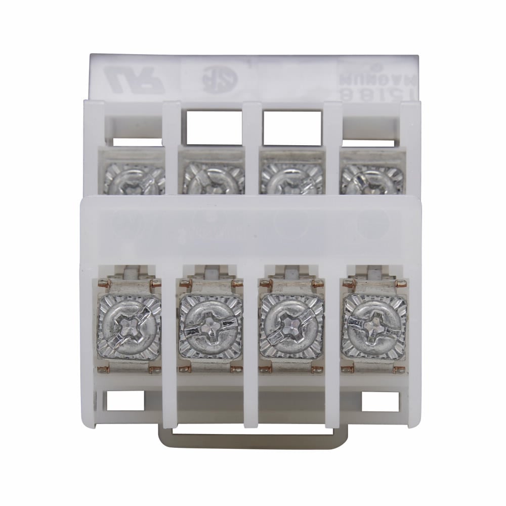 Eaton Bussmann series 15188 depluggable DIN terminal block, 600V, 30A, Four-pole, Molded thermoplastic base, Tin-plated copper alloy contact, Zinc-plated steel philslot screw